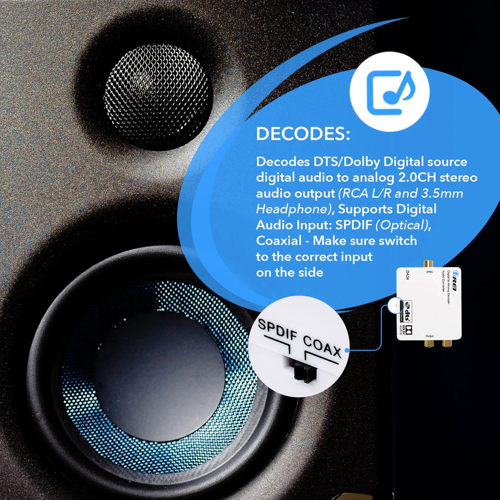 Orei DA34 Digital to Analog Audio Decoder SizePDIF/Coaxial 5.1-Channel Input to RCA L/R/3.5mm Headphone Output