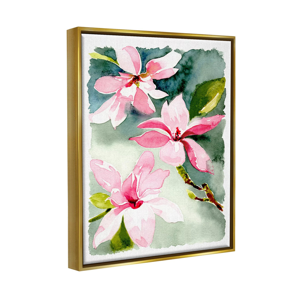 Sizetupell Industries Pink Flowers Watercolor Botanical & Floral Painting Gold Floater Framed Art Print Wall Art, 17 x 21