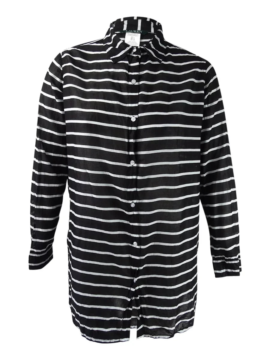 Lauren Ralph Lauren Women's Sizetriped Camp Sizehirt Cover-Up (Black/Ivory, XSize)