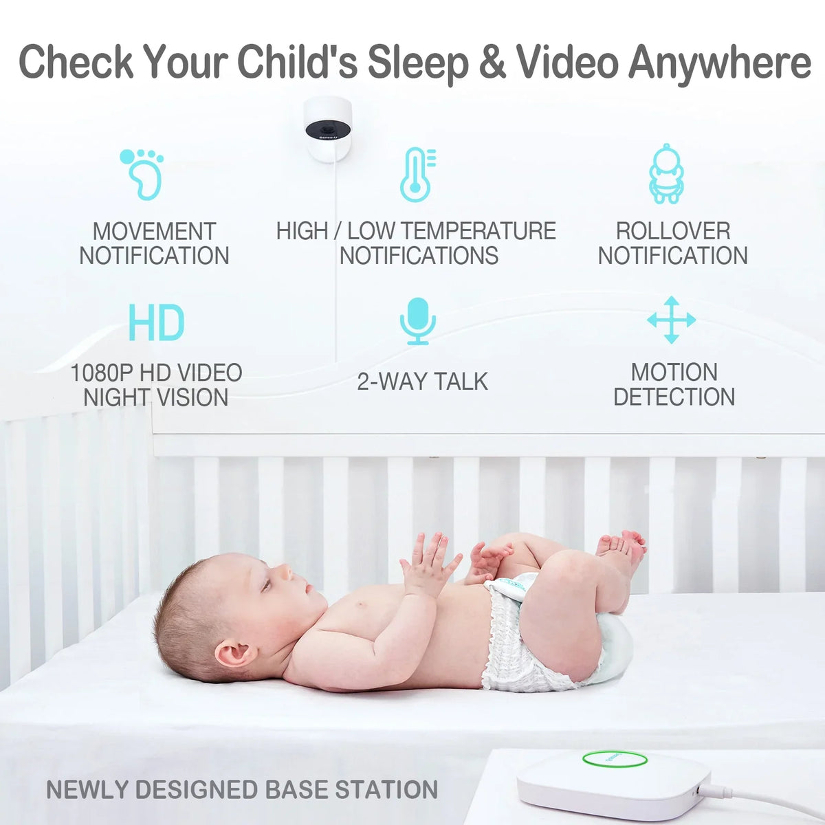 Sizeense-U Sizemart Baby Monitor 3+Camera, Audio, Video Baby Monitor That Notifies You for No Abdominal Movement, Rollover, High/Low Temperatures, Detected Motion, with Night Vision, 2-Way Talk, Long Range