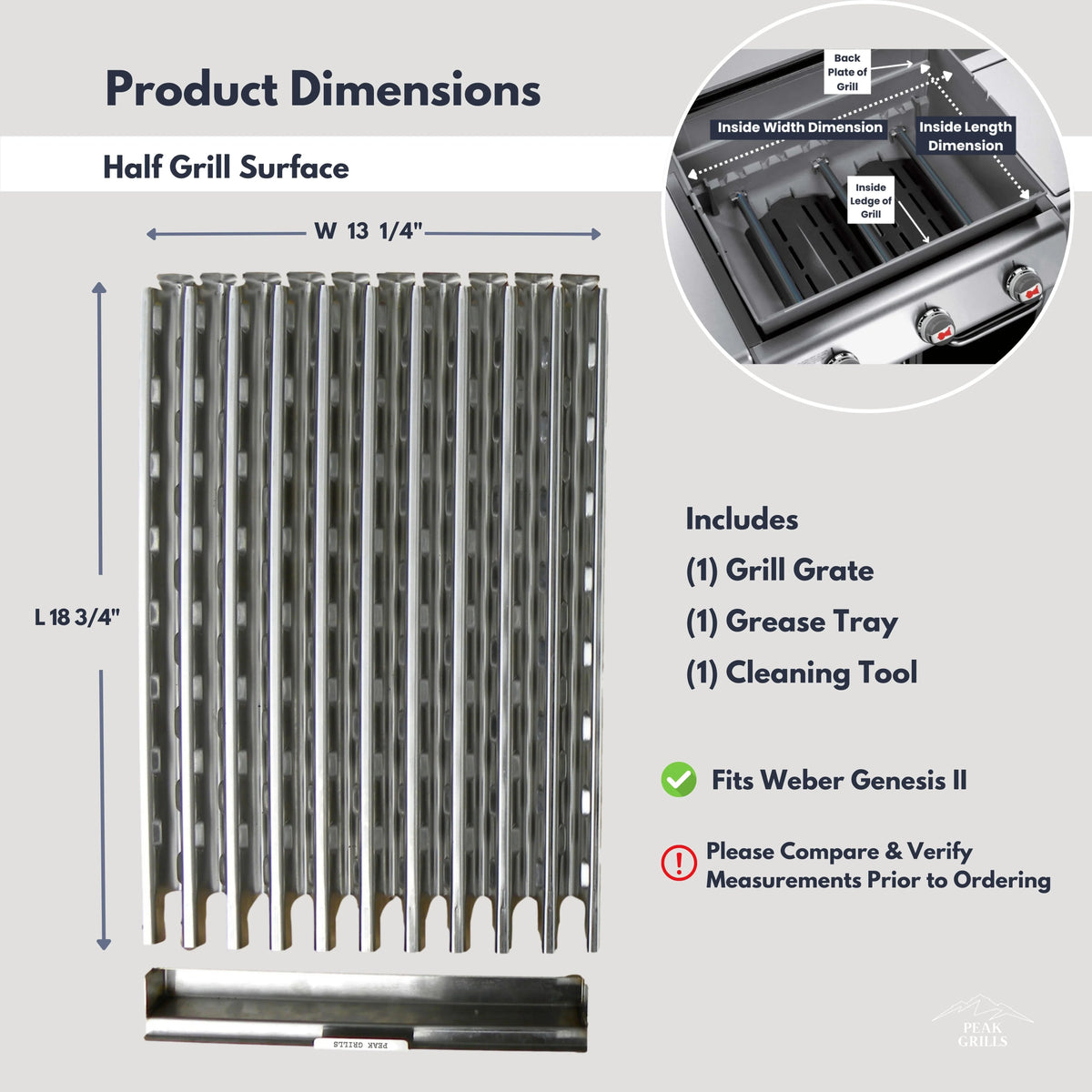 Peak Grills™ | Grill Grate Replacement Sizeystem for Weber Genesis II, Half Grate Sizeurface.