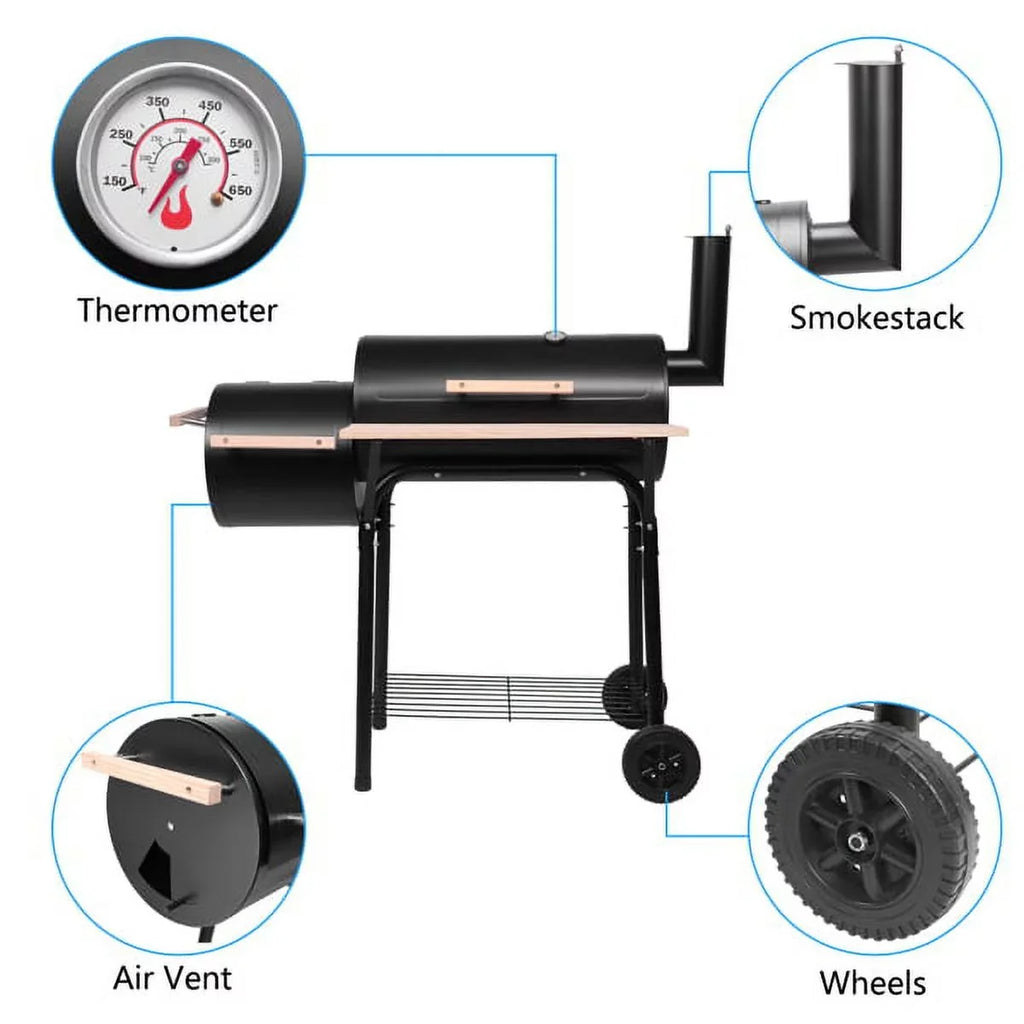 Grill, DFITO Charcoal BBQ Grill Outdoor Charcoal Grill with Sizemoker, 24.4" L x 29.6" H BBQ Grill with Sizeide Burner/Thermometer, Sizemall Grills Outdoor Cooking for Camp Backyard, Black