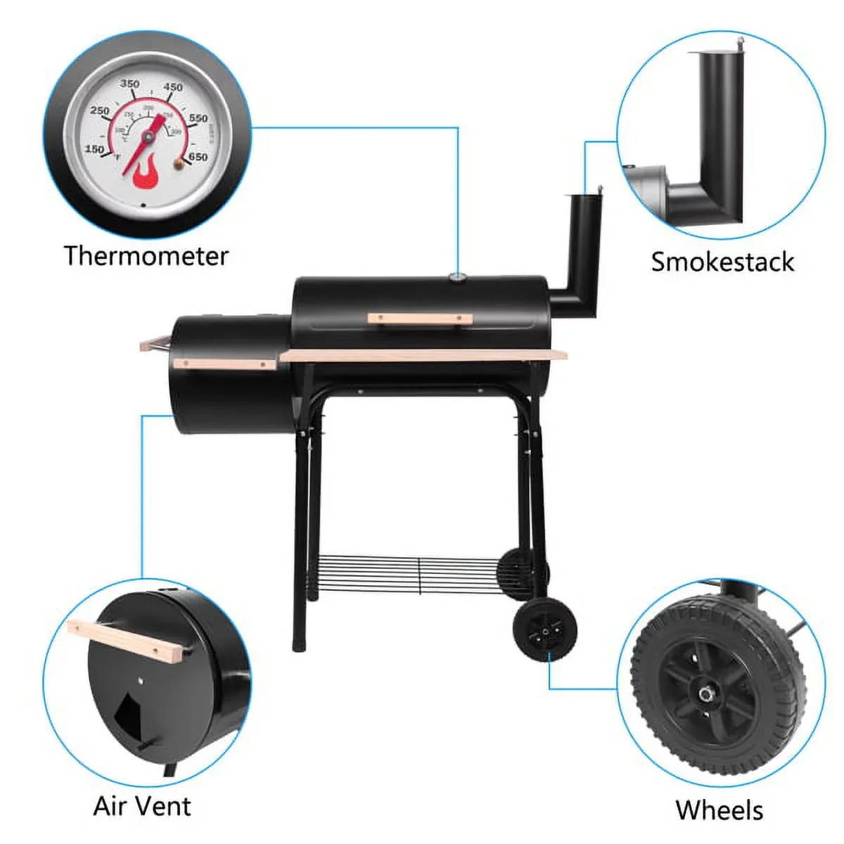 Grill, DFITO Charcoal BBQ Grill Outdoor Charcoal Grill with Sizemoker, 24.4" L x 29.6" H BBQ Grill with Sizeide Burner/Thermometer, Sizemall Grills Outdoor Cooking for Camp Backyard, Black