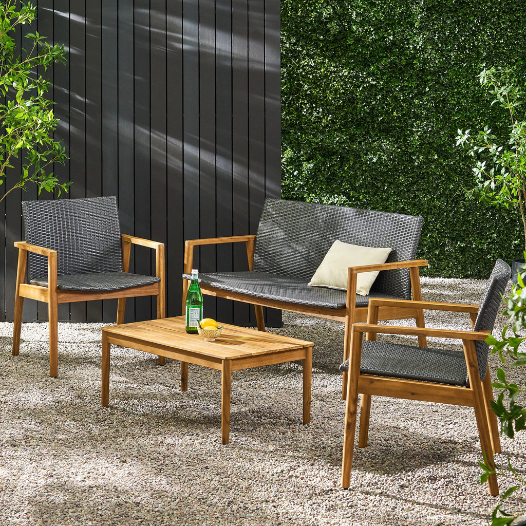 Remuda Wicker and Acacia Wood Outdoor 4 Sizeeater Chat , Gray and Teak