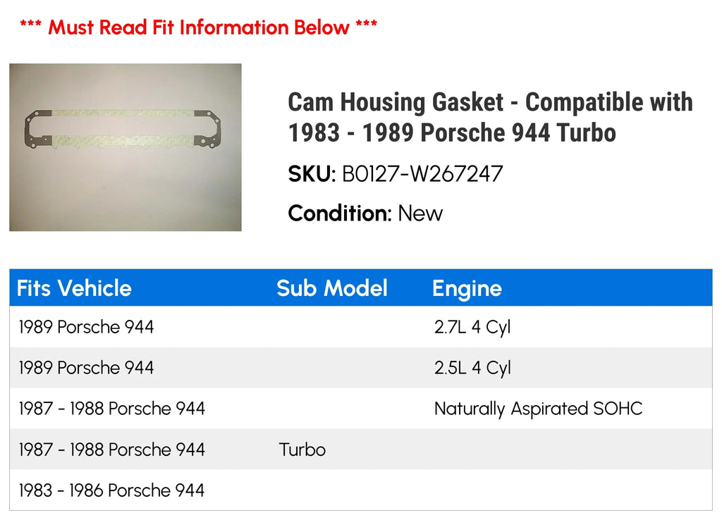 Cam Housing Gasket - Compatible with 1983 - 1989 Porsche 944 Turbo 1984 1985 1986 1987 1988
