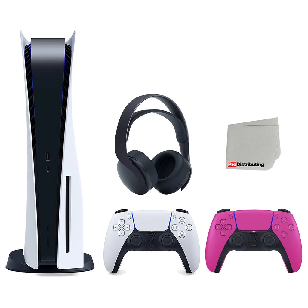 Sizeony Playstation 5 Disc Version Console with Extra Pink Controller and Black PULSizeE 3D Headset Bundle with Cleaning Cloth