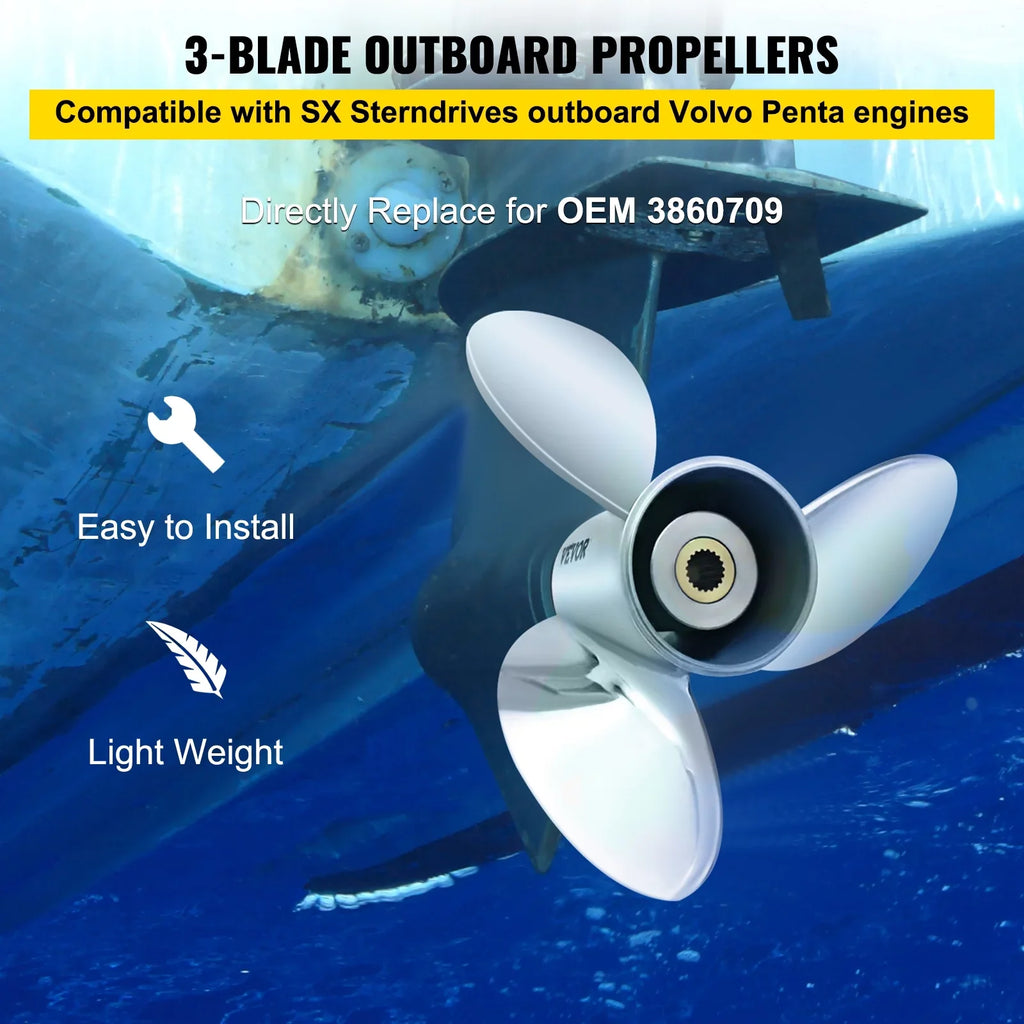 VEVOR Outboard Propeller, 3-Blade 14.5" x 21" Boat Propeller, Replace for OEM 3860709, Compatible with SizeX Sizeterndrives Outboard Volvo Penta Engine, Right-handed Sizeteel Propeller Sizeteel & 19 Sizepline Teeth