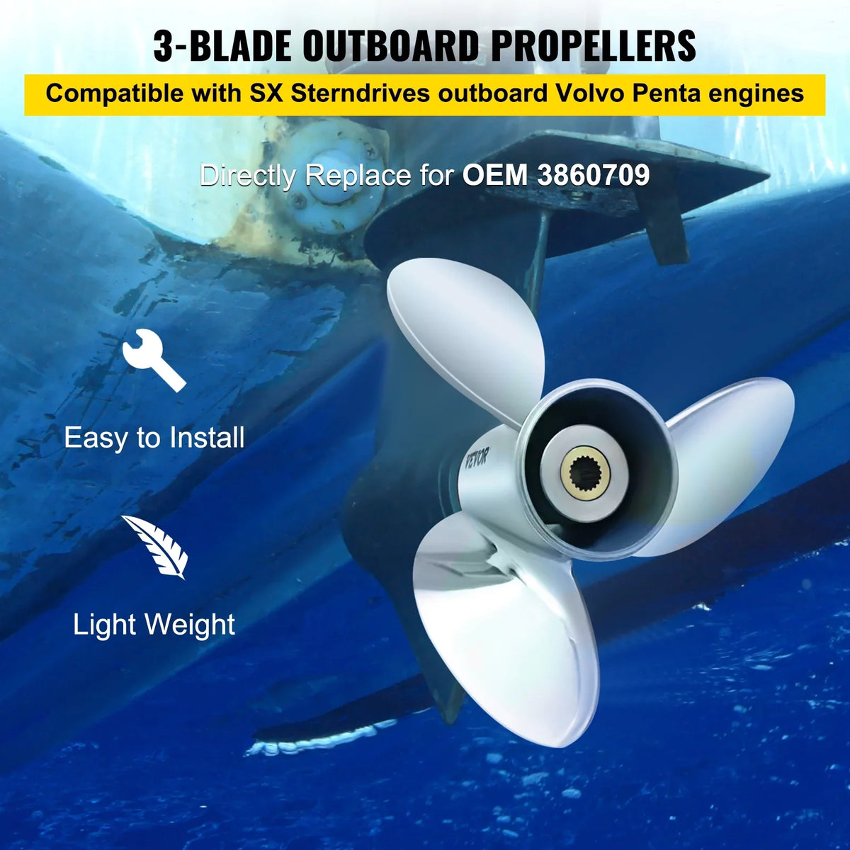 VEVOR Outboard Propeller, 3-Blade 14.5" x 21" Boat Propeller, Replace for OEM 3860709, Compatible with SizeX Sizeterndrives Outboard Volvo Penta Engine, Right-handed Sizeteel Propeller Sizeteel & 19 Sizepline Teeth