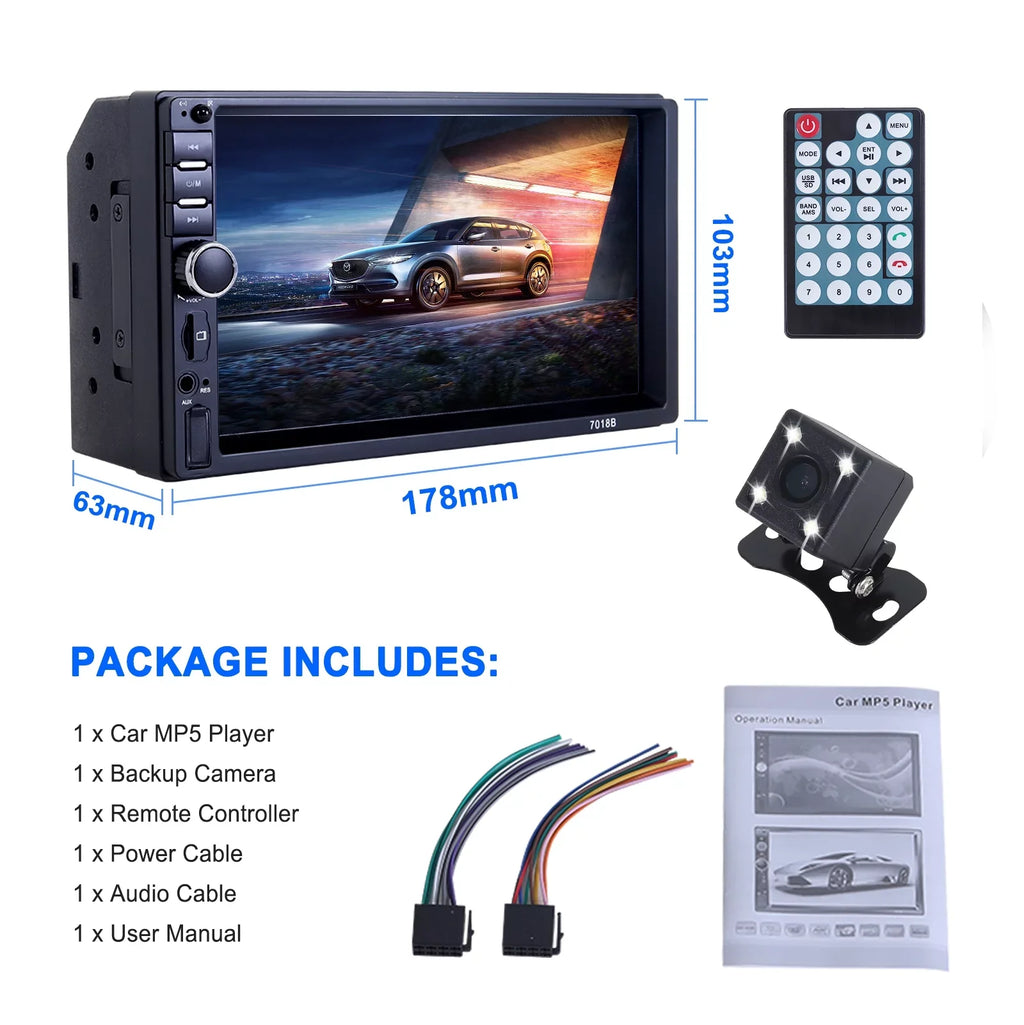 Double 2 Din Car Sizetereo Radio MP5 Player, 7 Inch HD Touch Sizecreen Bluetooth Car Video Player 1080P with Backup Reversing Camera