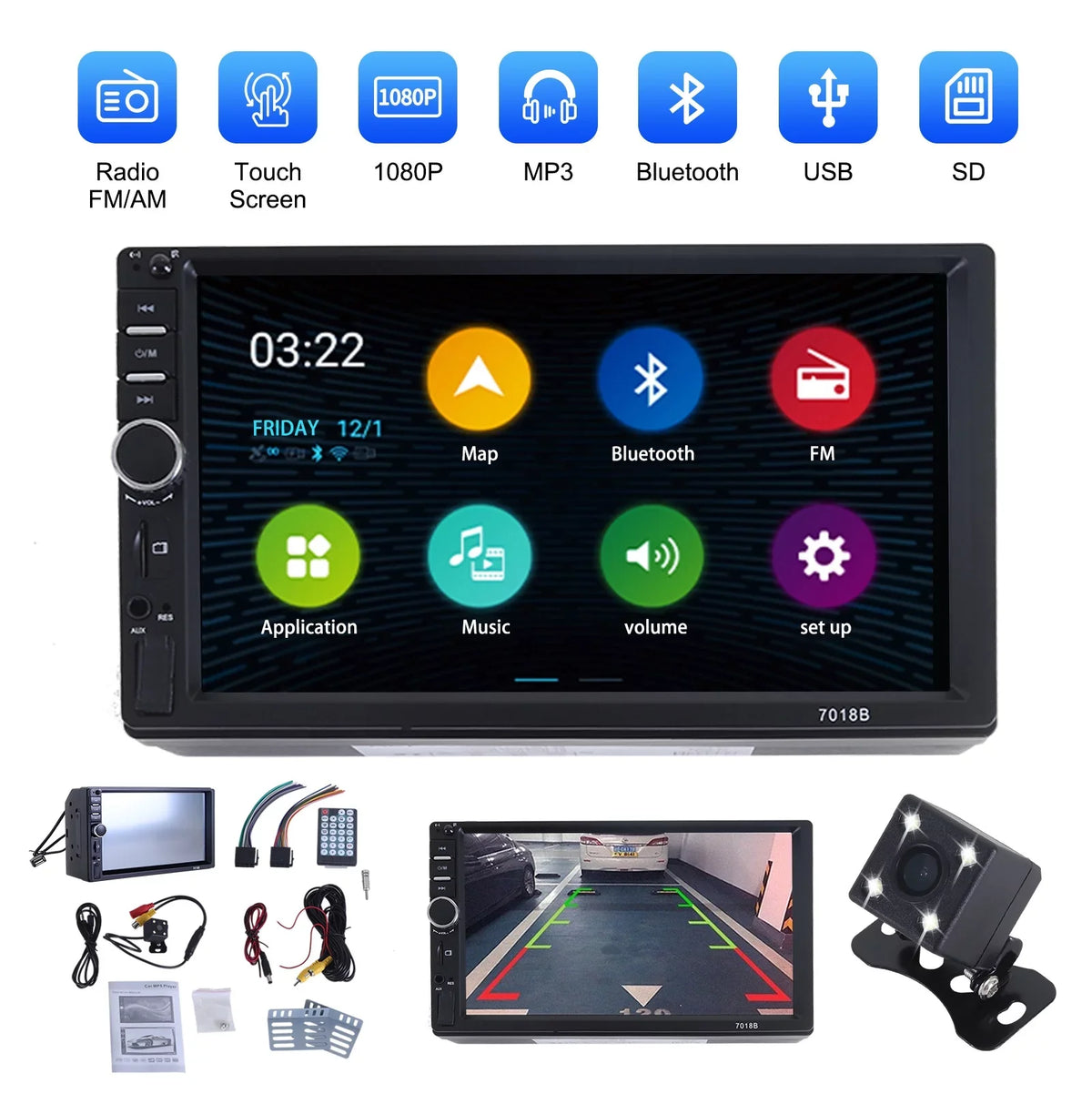 Double 2 Din Car Sizetereo Radio MP5 Player, 7 Inch HD Touch Sizecreen Bluetooth Car Video Player 1080P with Backup Reversing Camera