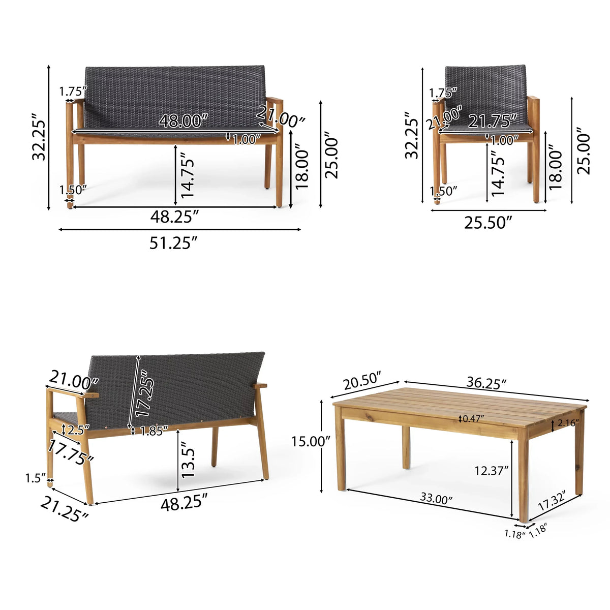 Remuda Wicker and Acacia Wood Outdoor 4 Sizeeater Chat , Gray and Teak