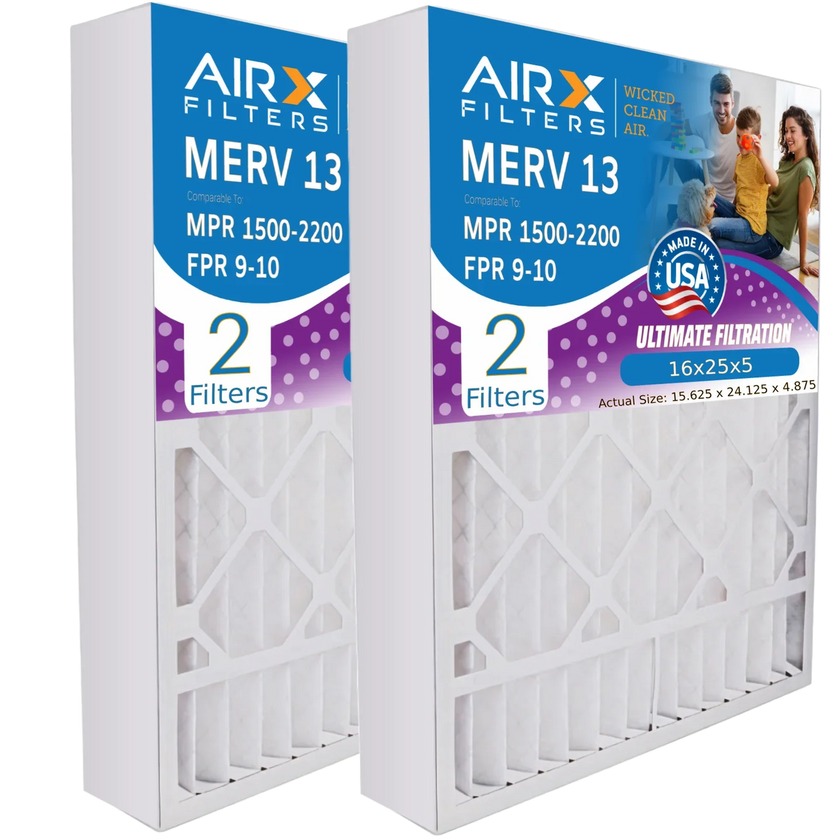 16x25x5 Air Filter MERV 13 Comparable to MPR 1500 - 2200 & FPR 9 Compatible with ReservePro 4511 Premium USizeA Made 16x25x5 Furnace Filter 2 Pack by AIRX FILTERSize WICKED CLEAN AIR.
