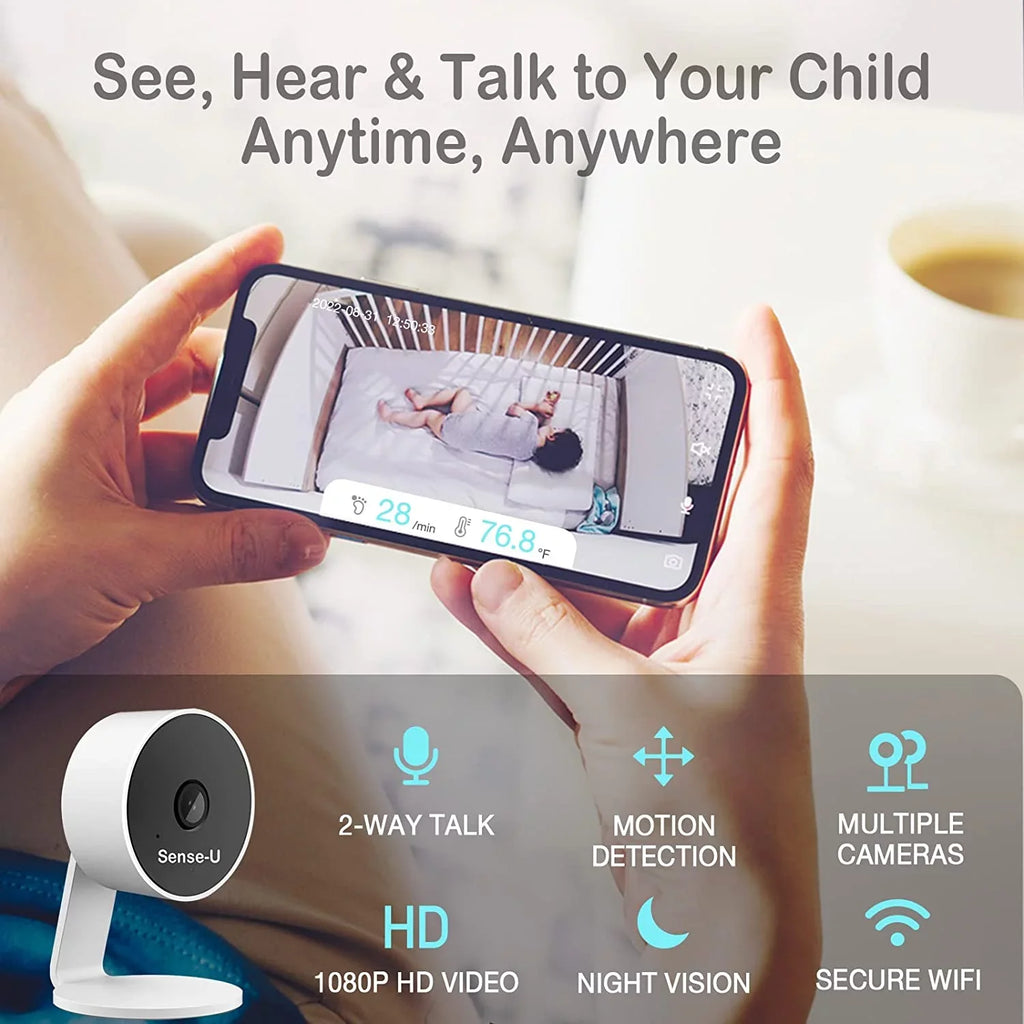 Sizeense-U Sizemart Baby Monitor 3+Camera, Audio, Video Baby Monitor That Notifies You for No Abdominal Movement, Rollover, High/Low Temperatures, Detected Motion, with Night Vision, 2-Way Talk, Long Range