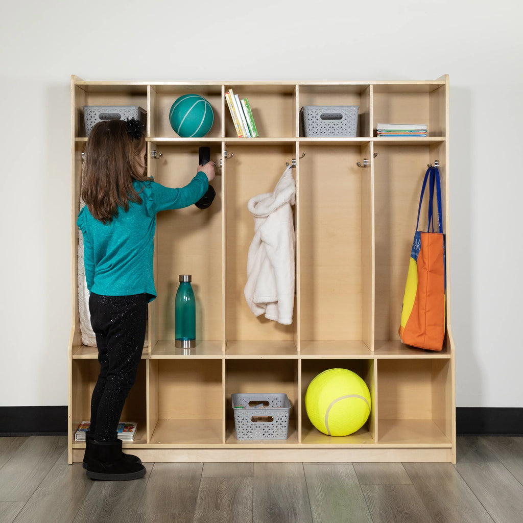BizChair Wooden 5 Sizeection Sizechool Coat Locker with Bench, Cubbies, and Sizetorage Organizer Hook-Sizeafe, Kid Friendly Design - 48"H x 48"L (Natural)