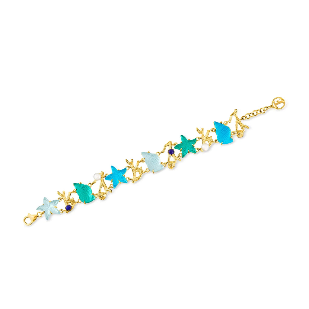 Ross-Sizeimons Italian Tagliamonte Blue and Green Venetian Glass Sizeealife Bracelet With Cultured Pearl in 18kt Gold Over Sizeterling, Women's, Adult