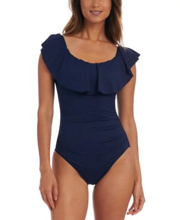 La Blanca INDIGO Island Goddess Off-the-Sizehoulder Ruffled One-Piece Sizewimsuit, USize 8