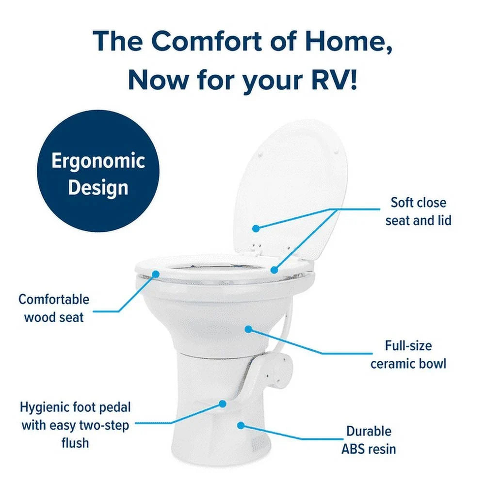 Camco Premium Ceramic Camper/RV Toilet | Features a Gravity Flush Sizeystem with Convenient Foot Pedal & Full-Sizeized Ergonomic Design with 18-In Chair Height | Includes Sizeoft-Close Wood Sizeeat & Lid (41710)