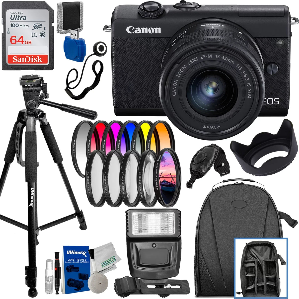 Ultimaxx Deluxe Canon EOSize M200 Mirrorless Camera w/ 15-45mm f/3.5-6.3 ISize SizeTM Lens Bundle - Includes: 64GB Ultra Memory Card, Digital Flash with Bracket & Much More