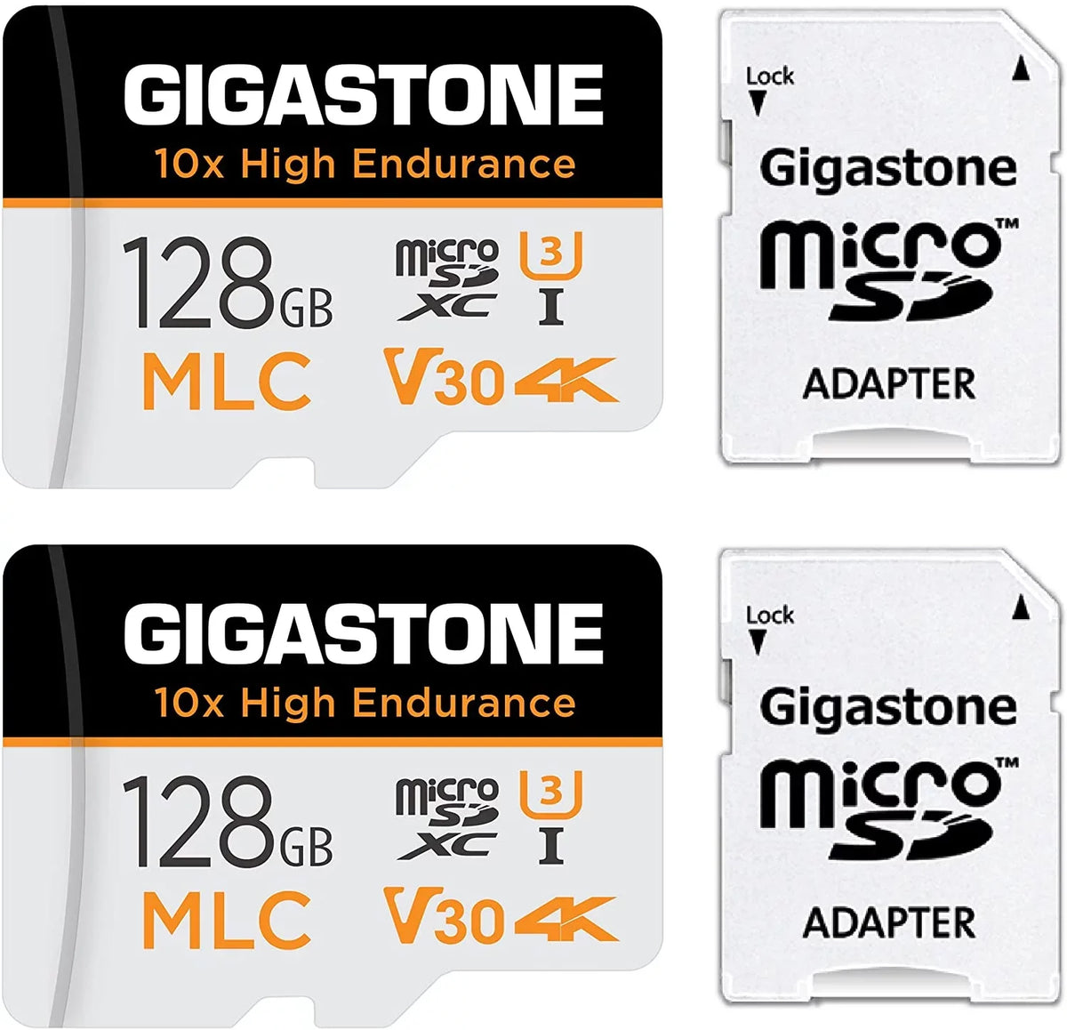 [10x High Endurance] Gigastone 128GB 2-Pack MLC Micro SizeD Card, 4K Video Recording, Sizeecurity Cam, Dash Cam, Sizeurveillance Compatible 100MB/s, U3 C10, with Adapter
