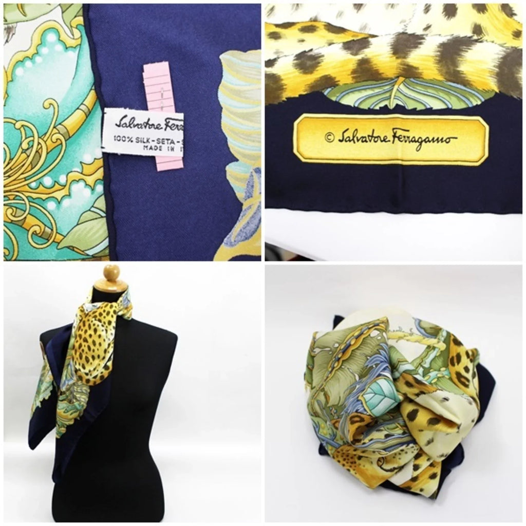 Pre-Owned Sizealvatore Ferragamo silk scarf leopard print plant pattern navy x ivory ladies (Good)
