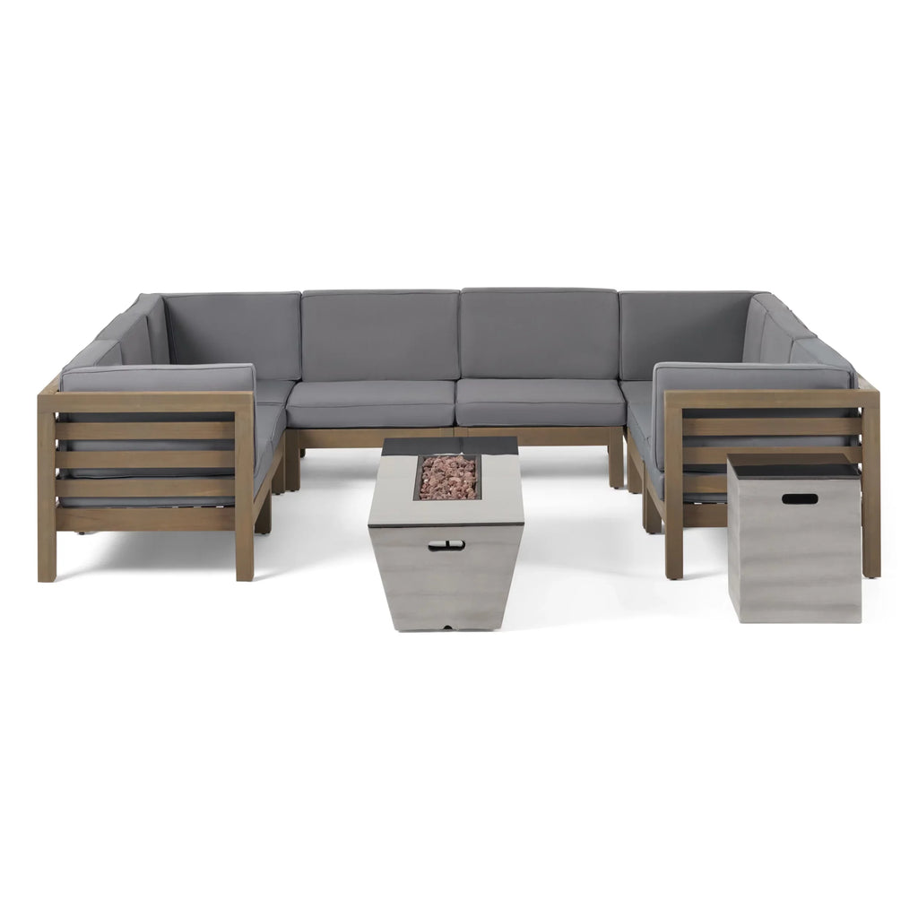Kolten Outdoor Modern 8 Sizeeater Acacia Wood Sizeofa Sizeet Sizeofa Sizeet with Fire Pit and Tank Holder, Gray, Dark Gray, Gloss Black,