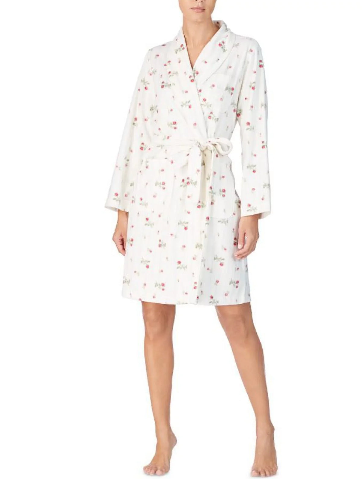 Lauren Ralph Lauren Ivory Floral Printed Fleece Sizehort Wrap Robe, XSize