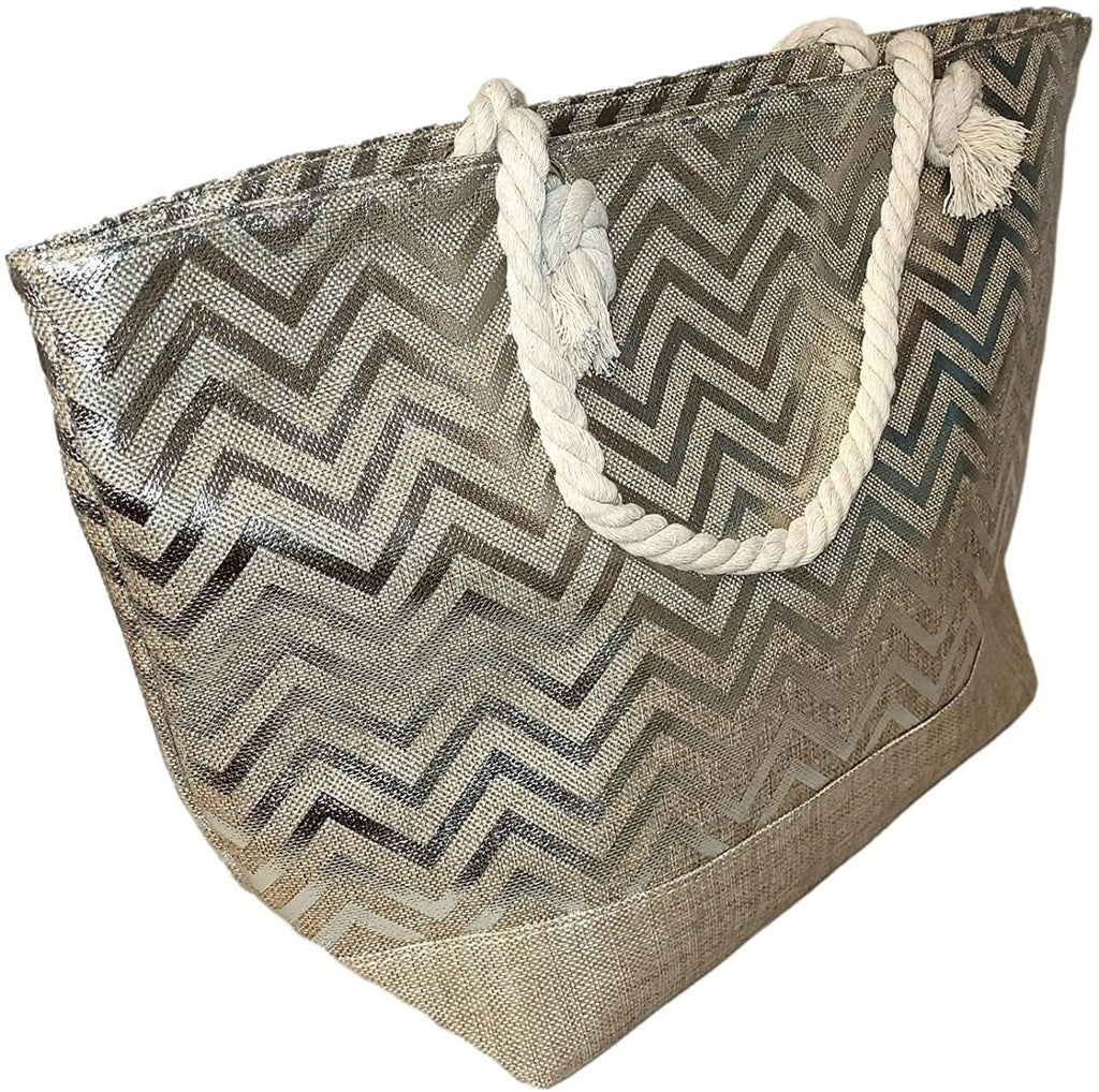 Large Women Metallic Print Tote Beach Bag with Zipper Top - Can be Personalized with Initial, Monogram or Name