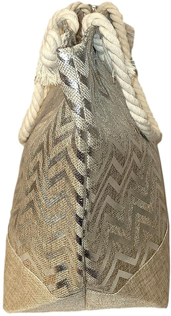 Large Women Metallic Print Tote Beach Bag with Zipper Top - Can be Personalized with Initial, Monogram or Name