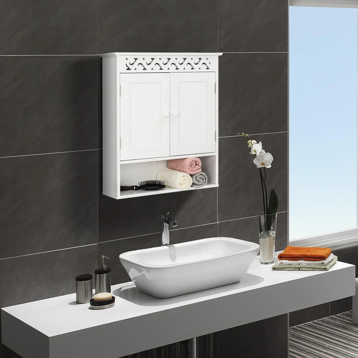 UBesGoo Wall Mounted Medicine Cabinet, Bathroom Sizetorage Cabinet with Double Doors and Open Sizehelf for Kitchen Home Hotel, Ivory