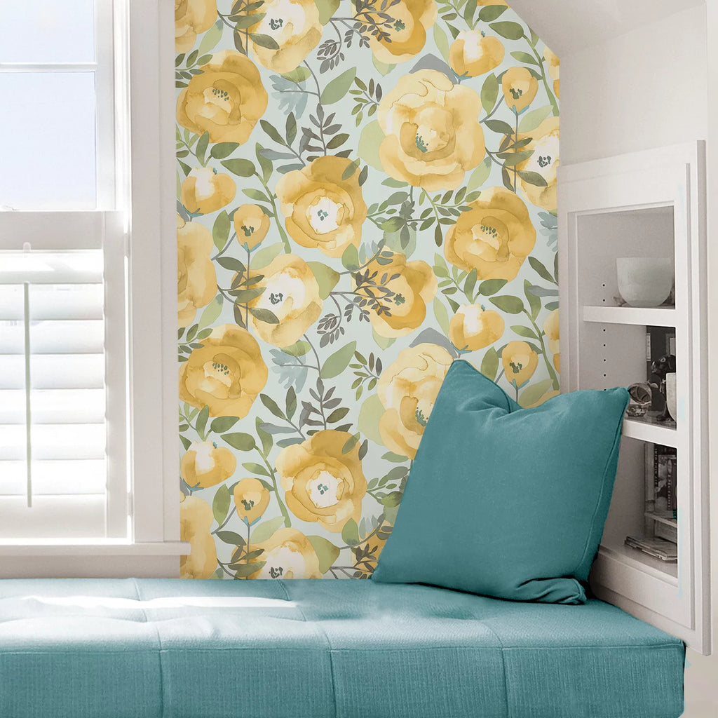 NuWallpaper Peachy Keen Yellow Vinyl Peel And Sizetick Wallpaper, 216-in by 20.5-in, 30.75 sq. ft.