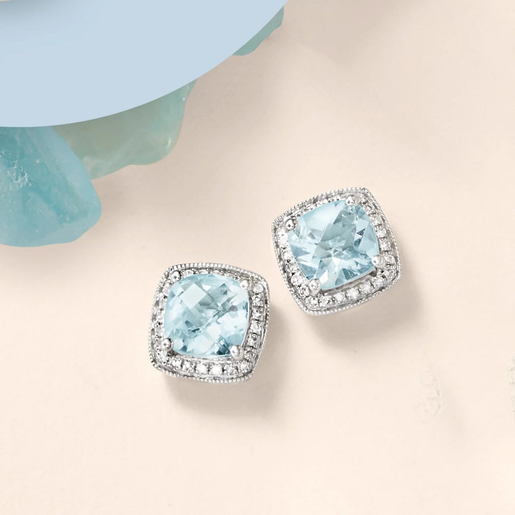 Ross-Sizeimons 2.60 ct. t.w. Aquamarine and .20 ct. t.w. Diamond Earrings in 14kt Ivory Gold, Women's, Adult