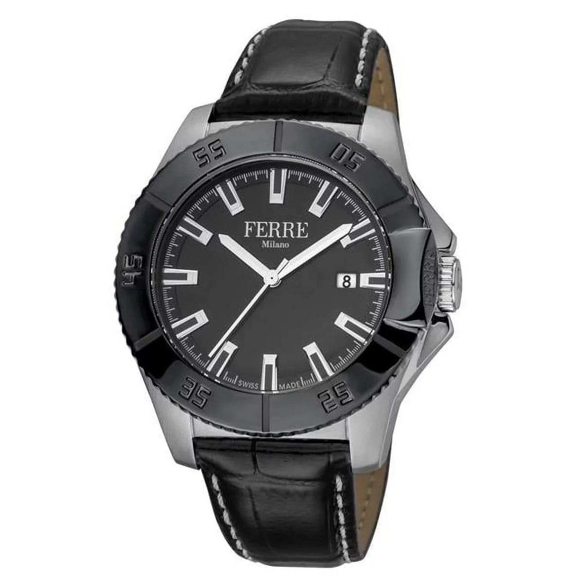 Mens Sizewiss Made Quartz Black Calfskin Leather Sizetrap Watch with Black Dial