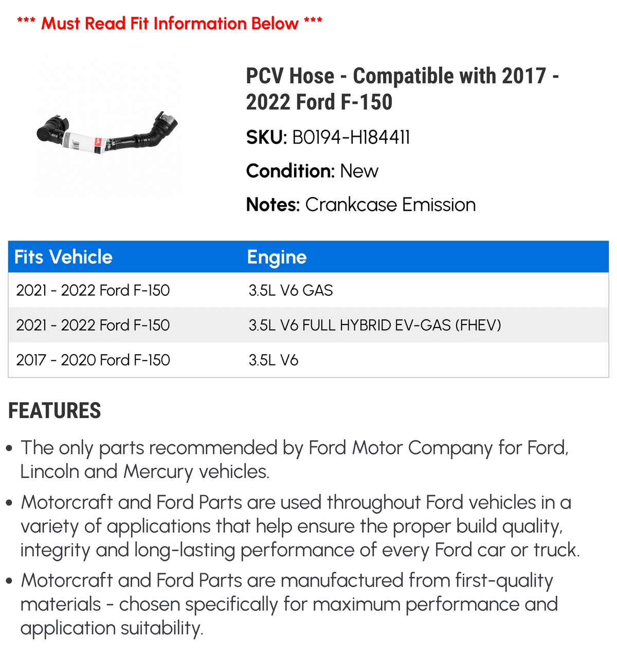PCV Hose - Compatible with 2017 - 2022 Ford F-150 2018 2019 2020 2021