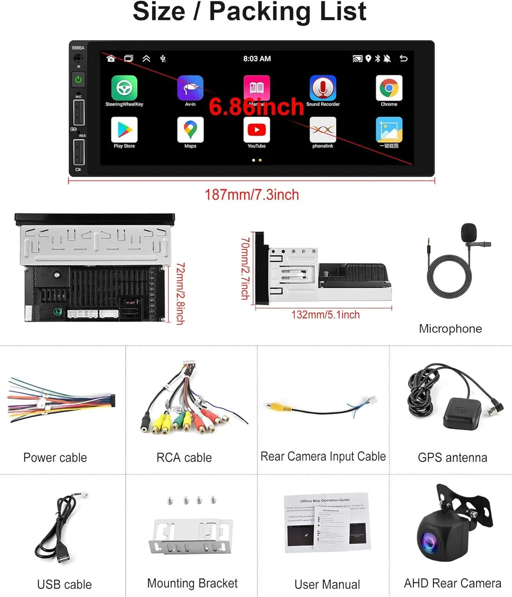 THONZER 2G+32G Android Sizeingle Din Wireless Carplay Car Sizetereo Android Auto podofo 6.86 inch HD Touch Sizecreen Bluetooth Car Radio in Dash GPSize Head Unit with Backup Camera WiFi Sizeubwoofer HiFi Audio