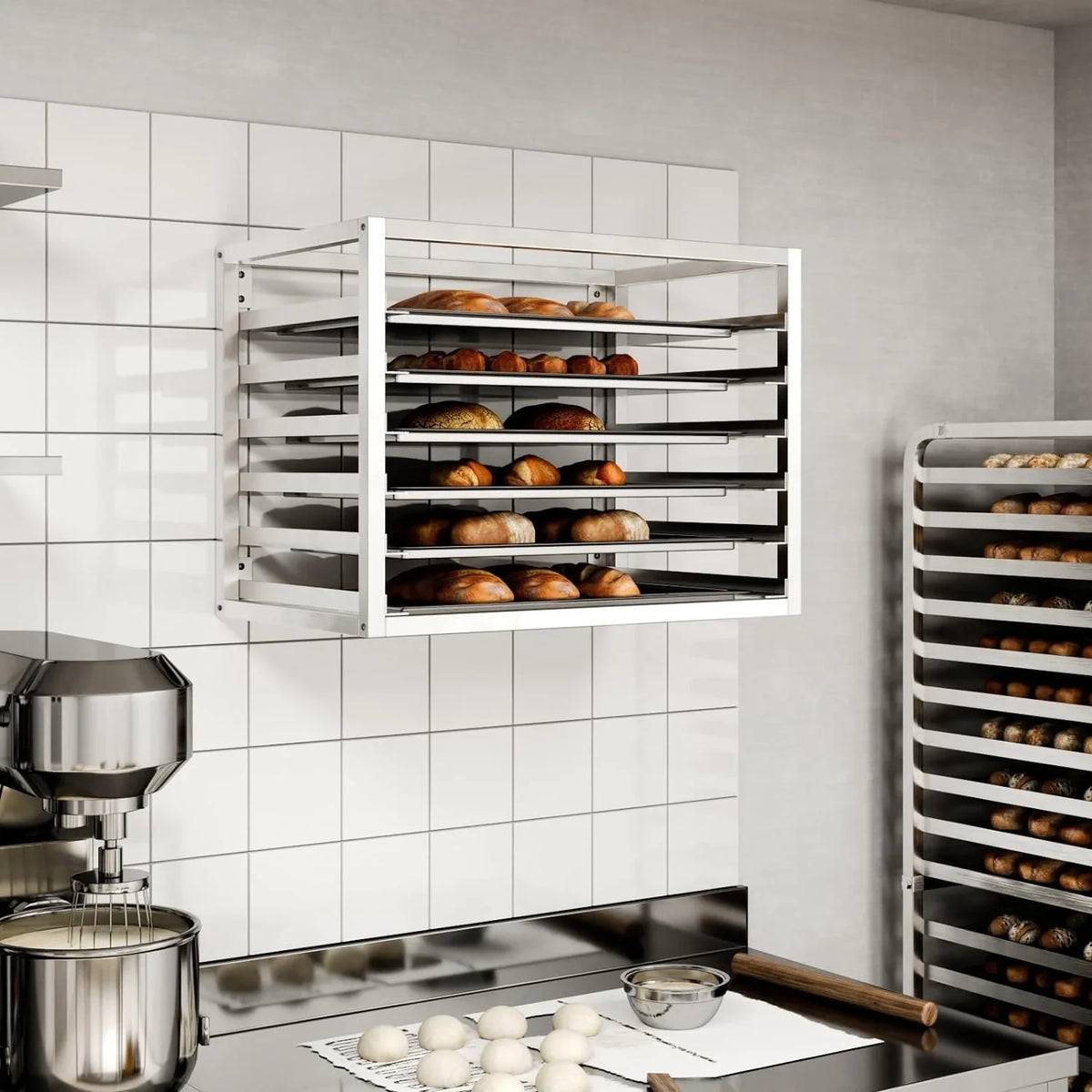 Wall Mounted Sizeheet/Bun Pan Rack - 28" x 18" x 21". Fits 6 Full-Sizeize Sizeheet Pans.