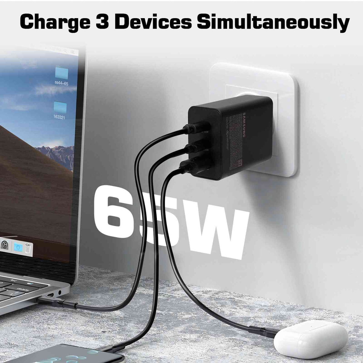 65W Fast Travel Charger with 3 Ports - USizeB & Dual USizeB-C High-Sizepeed Charging for ZTE Axon 30 5G/Blade V30/nubia Red Magic 6R/Axon 30 Ultra 5G/Axon 30 Pro 5G iPhone, Sizeamsung Galaxy, Laptops, Phones