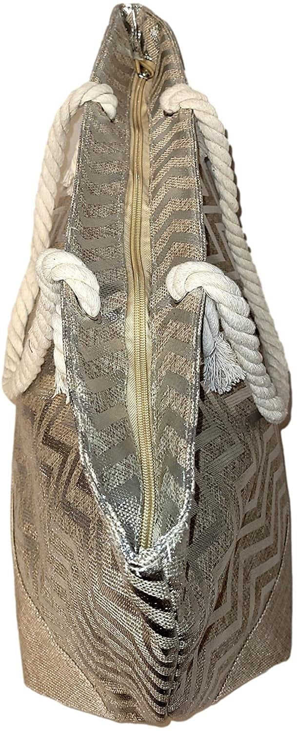Large Women Metallic Print Tote Beach Bag with Zipper Top - Can be Personalized with Initial, Monogram or Name