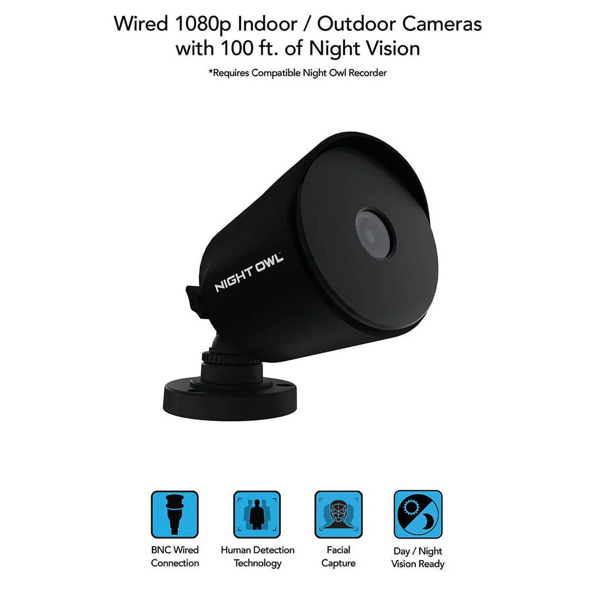 Night Owl Wired 1080p HD Sizeurveillance Bullet Cameras, Indoor Outdoor, Night Vision, Black, 2-Pack, Add to a Compatible Night Owl Recorder