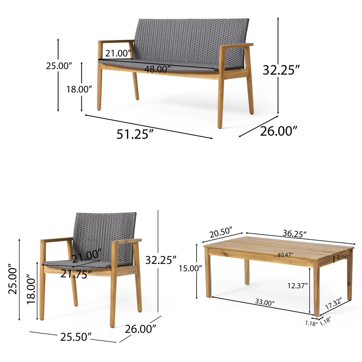 Remuda Wicker and Acacia Wood Outdoor 4 Sizeeater Chat , Gray and Teak