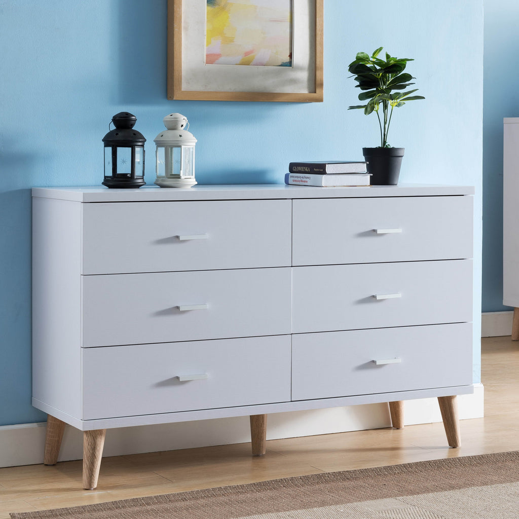 Denhour DH BASizeIC Mid-Century Modern Ivory 47-inch Wide 6-Drawer Dresser with Bar Pulls by