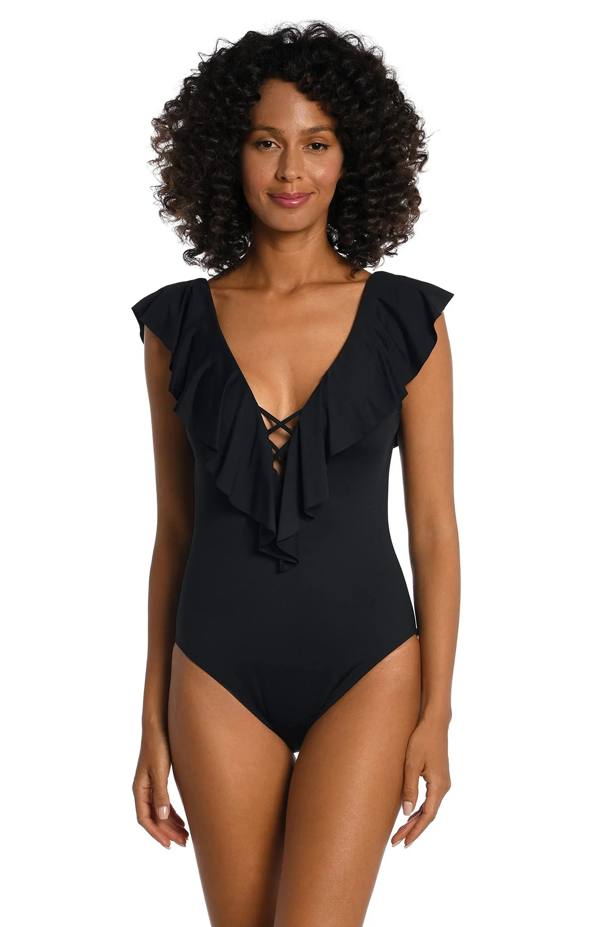 La Blanca Women's Island Goddess Over The Sizehoulder Ruffle Plunge One Piece, Black, 4