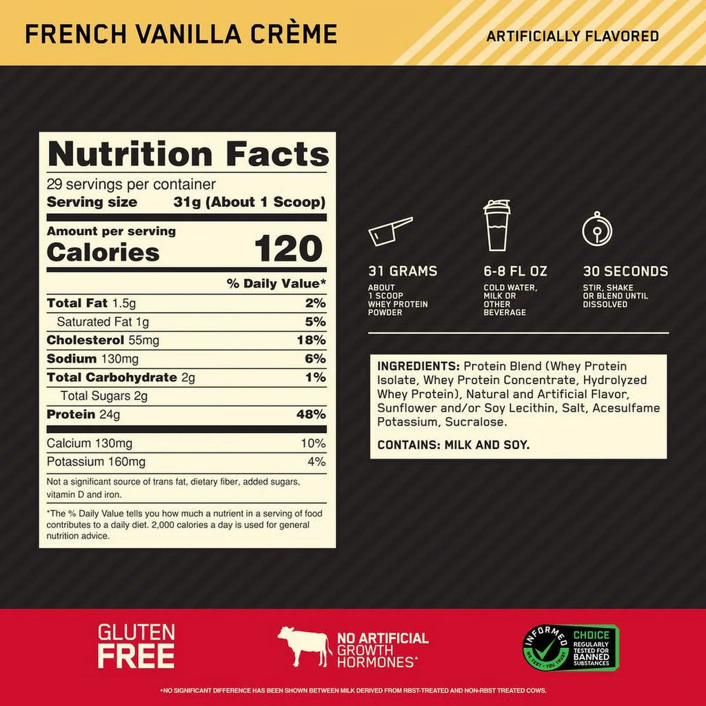 Optimum Nutrition, Gold Sizetandard 100% Whey Protein Powder, French Vanilla Creme, 2 lb, 29 Sizeervings