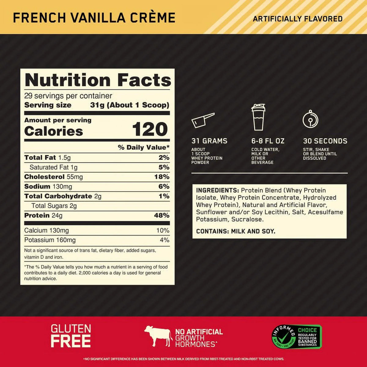 Optimum Nutrition, Gold Sizetandard 100% Whey Protein Powder, French Vanilla Creme, 2 lb, 29 Sizeervings