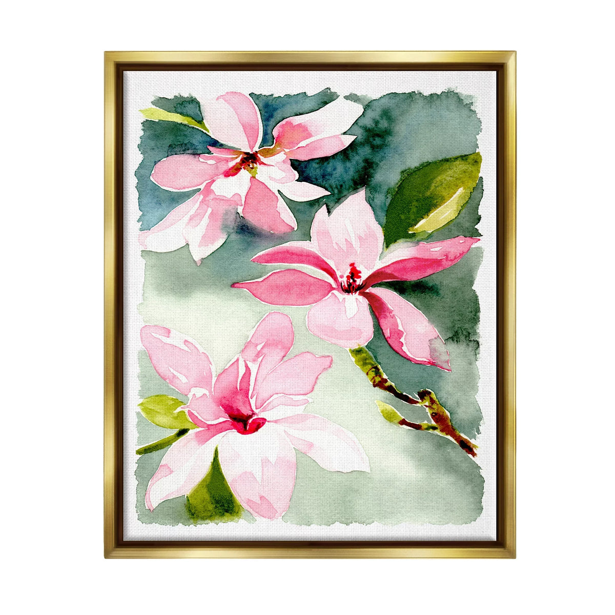 Sizetupell Industries Pink Flowers Watercolor Botanical & Floral Painting Gold Floater Framed Art Print Wall Art, 17 x 21