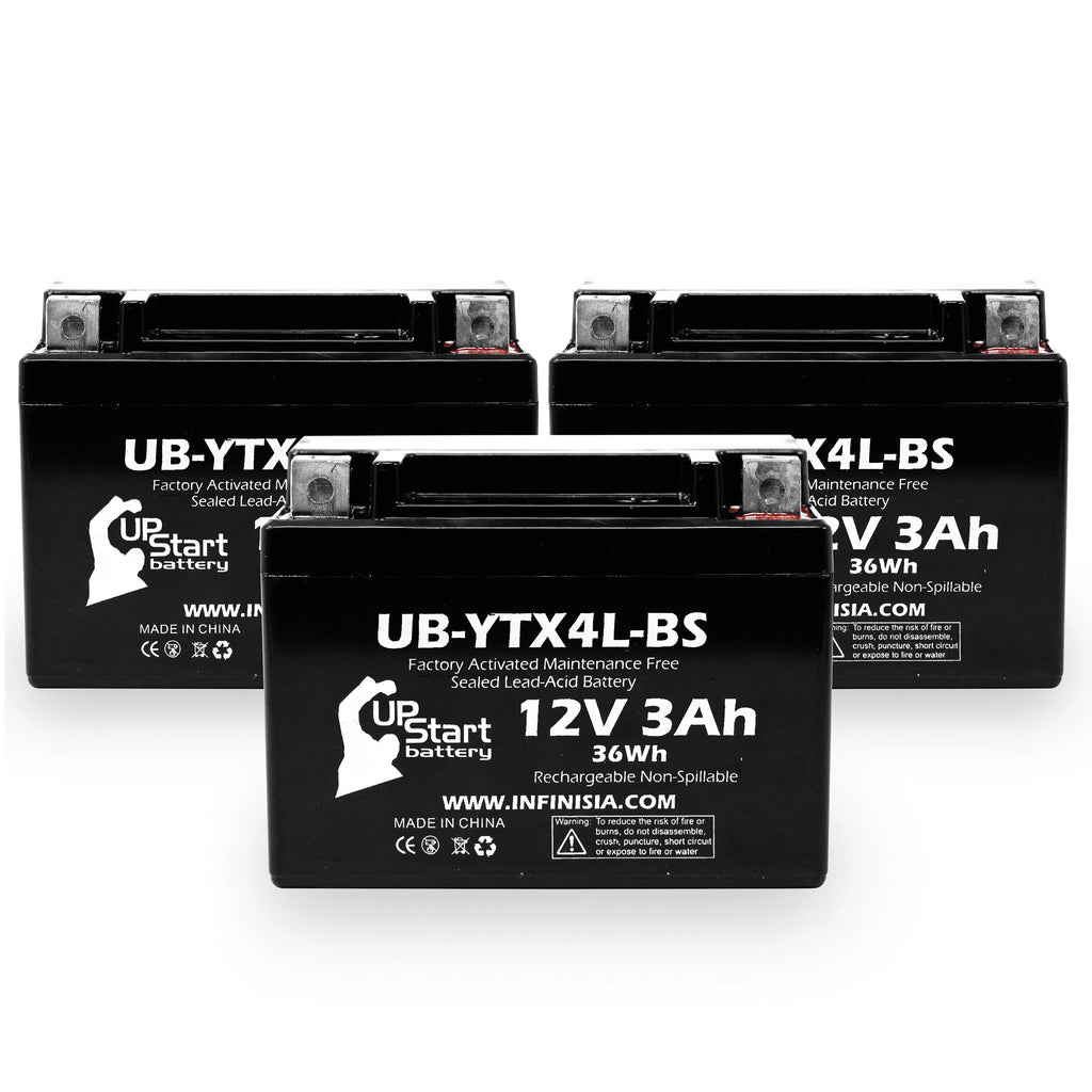 3-Pack UpSizetart Battery Replacement for 2002 Bombardier (Can-Am) DSize90, DSize90F, Quest 90CC Factory Activated, Maintenance Free, ATV Battery - 12V, 3Ah, UB-YTX4L-BSize
