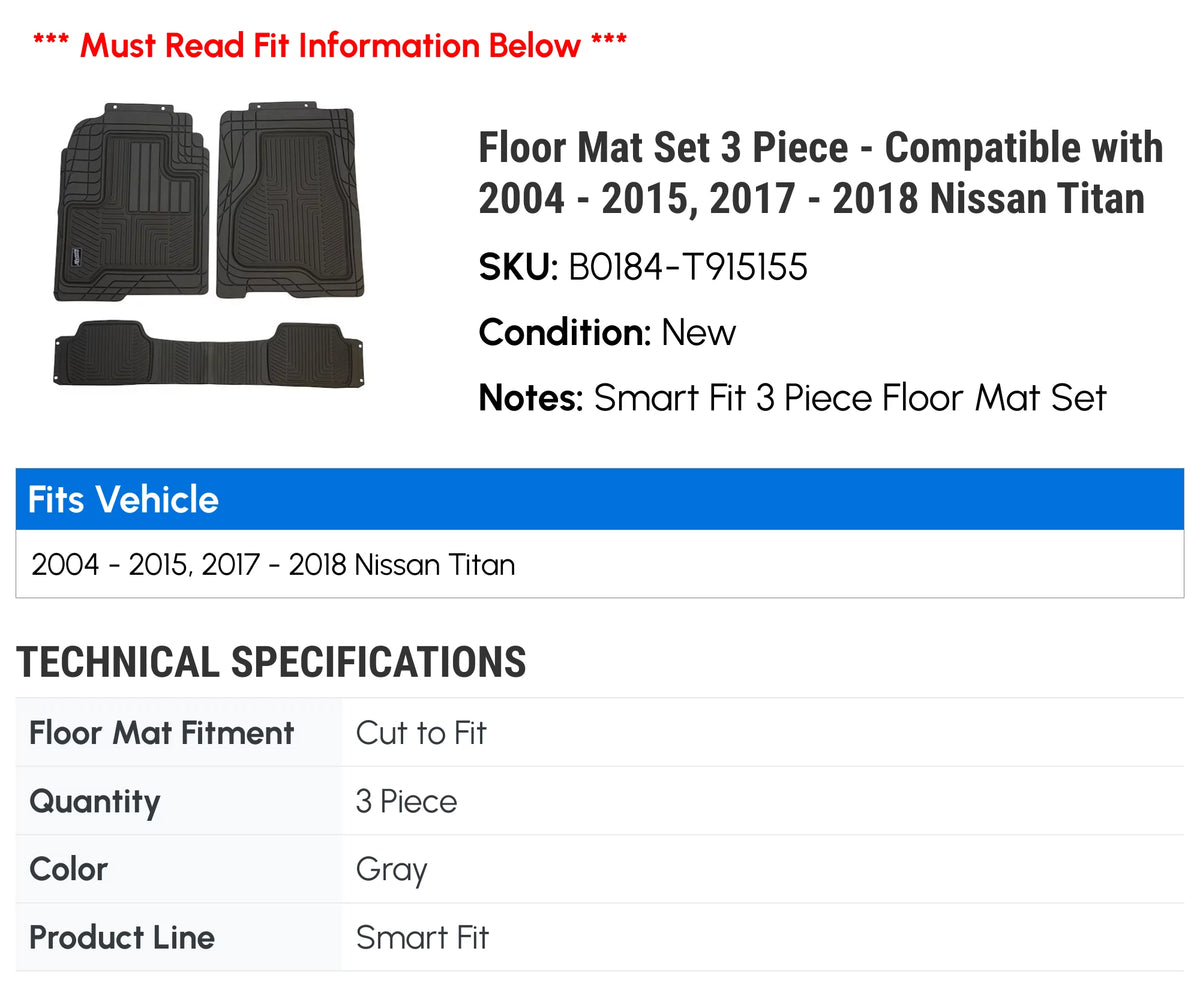 Floor Mat Sizeet 3 Piece - Compatible with 2004 - 2015, 2017 - 2018 Nissan Titan 2005 2006 2007 2008 2009 2010 2011 2012 2013 2014