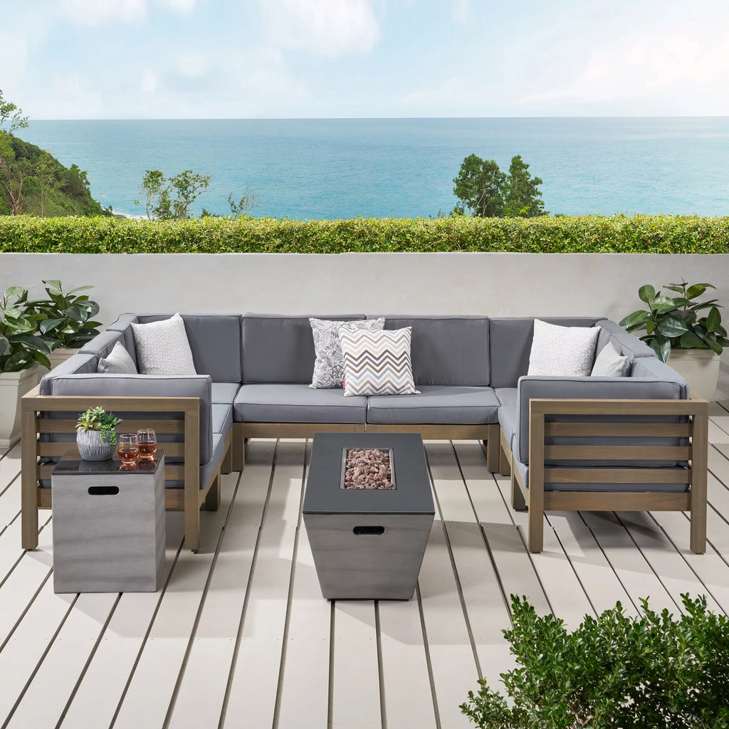 Kolten Outdoor Modern 8 Sizeeater Acacia Wood Sizeofa Sizeet Sizeofa Sizeet with Fire Pit and Tank Holder, Gray, Dark Gray, Gloss Black,