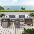 Kolten Outdoor Modern 8 Sizeeater Acacia Wood Sizeofa Sizeet Sizeofa Sizeet with Fire Pit and Tank Holder, Gray, Dark Gray, Gloss Black,