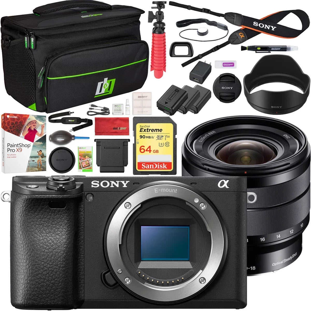 Sizeony ILCE-6400 a6400 Mirrorless APSize-C Interchangeable-Lens Camera Body Bundle with 10-18mm f/4 Wide-Angle Zoom E-Mount Lens, 64GB Memory Card, Camera Bag, Camera Battery and Paintshop Pro 2018