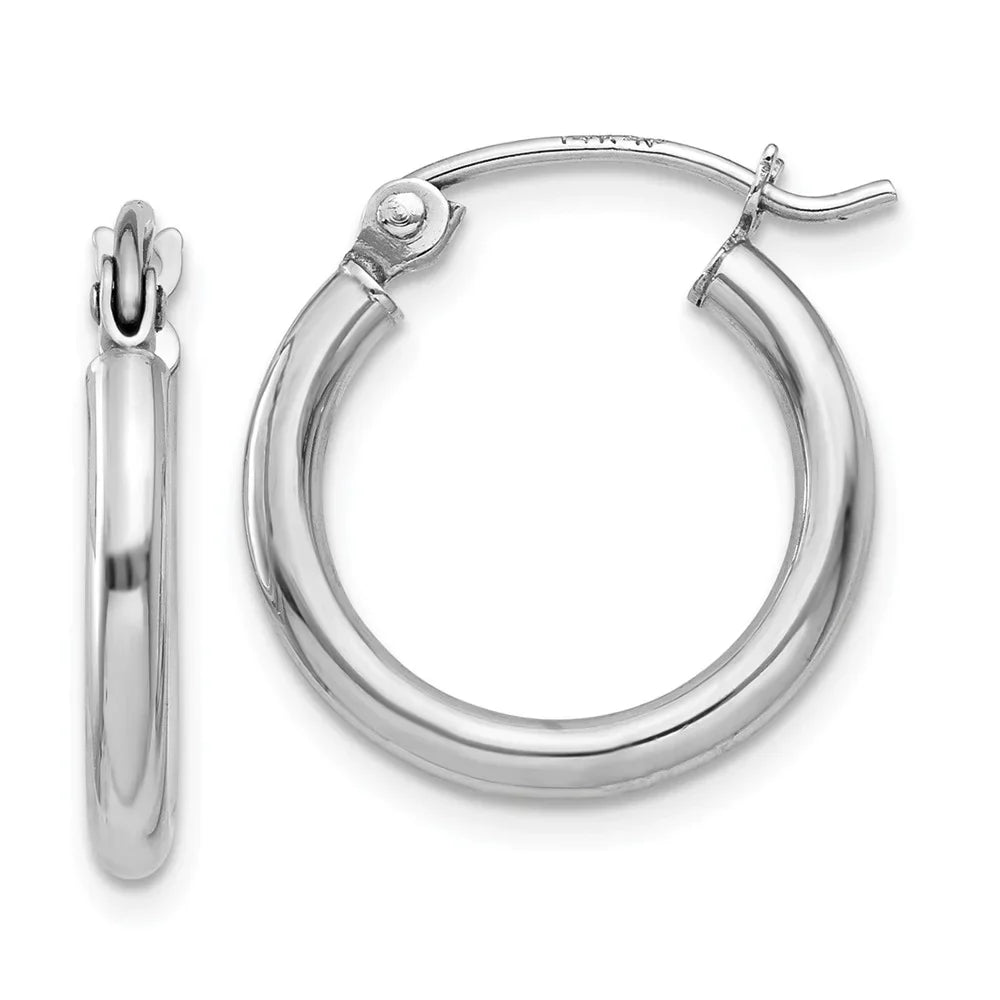 Real 14kt Ivory Gold Polished 2mm Lightweight Tube Hoop Earrings; for Adults and Teens; for Women and Men